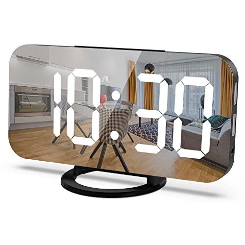 NUTOT Despertador Digital de LED para Quarto, Relógio Espelhado Digital com Carregador USB, com 3 Reguladores de Intensidade de Luz Escurecimento por indução (Preto e branco)