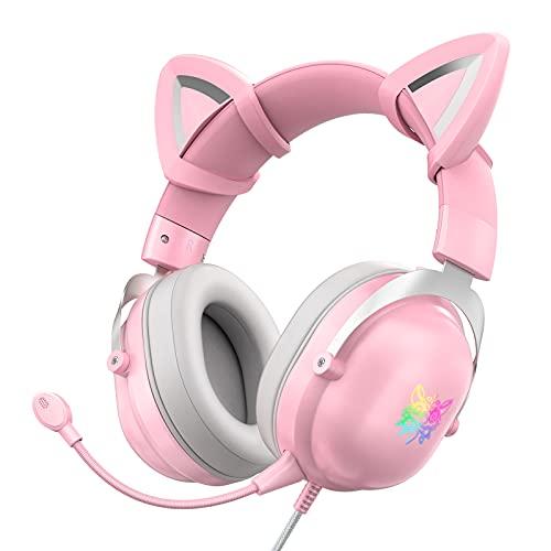 Fones de ouvido para jogos rosa fofos para gatos com microfone destacável RGB (Pink X11)