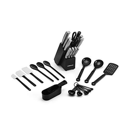 Farberware Bloco de facas de aço inoxidável com 30 peças e conjunto de ferramentas, preto