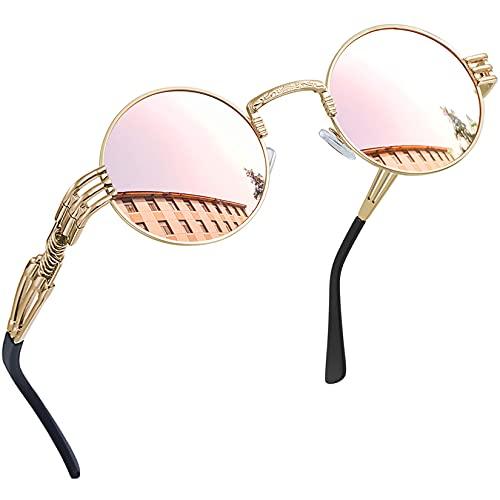 Joopin Óculos de Sol Redondo Masculinos Femininos Polarizado, John Lennon Pequeno Círculo Hippie Vintage Retrô Steampunk Metal Óculos de Sol (Moda Rosa)