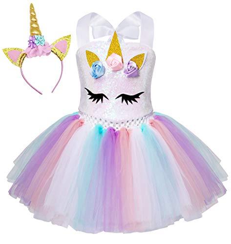 AmzBarley conjunto de vestido tutu unicórnio para meninas traje de unicórnio arco-íris festa de aniversário da princesa com fita para a cabeça Branco por 4-5 anos