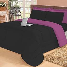 Jogo de cama Casal com edredom lençol fronha função cobre leito e cobertor (Preto e Roxo)