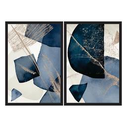 Dois Quadros Decorativos Abstrato Azul 90x60 Sala Quarto Cor da Moldura:Preto