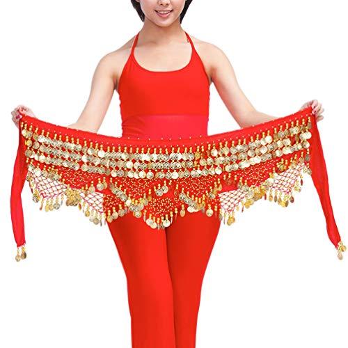 ARTIBETTER Lenço de dança do ventre com saias de moedas douradas, lenço de quadril para dança do ventre para aulas de ioga de Zumba (tamanho livre vermelho)