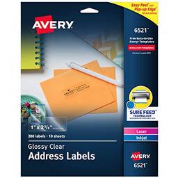 Avery Etiquetas de endereço transparentes e brilhantes para impressoras a laser e jato de tinta, 2,54 cm x 2-5/8", 300 etiquetas (6521)