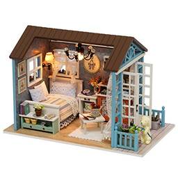 Aibecy Kit de casa de bonecas em miniatura DIY Mini realista 3D Casa de madeira artesanal com móveis Presente de aniversário do festival de luzes LED