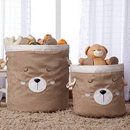 Kit 2 Peças Cestos Organizadores de Brinquedos e Roupas com Alça Suede Urso Branco e Bege