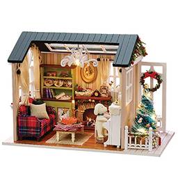 Staright DIY Kit de casa de bonecas em miniatura de Natal Mini realista 3D Casa de madeira artesanal com mobília Luzes LED Presente de aniversário de dia das crianças Decoração de Natal
