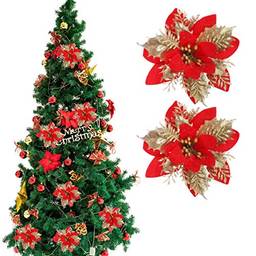 Nuobesty 24 peças de flores artificiais de Natal tipo poinsétia, acessórios para decoração de árvore de Natal, ornamentos de árvore de Natal, adereços de festa