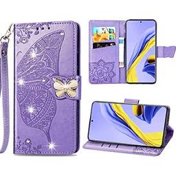 Capa carteira para iPhone 8 com estampa de diamante em relevo borboleta PU couro carteira capa flip para iPhone 7 - roxo claro