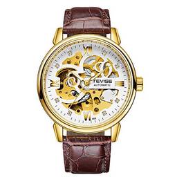 Tomshin Relógios masculinos mecânico automático esqueleto cravejado de diamante relógio pulseira de couro genuíno mãos luminosas 3ATM impermeável masculino moda relógio de pulso branco
