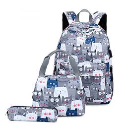 NUTOT kit mochila escolar infantil menina mochila feminina grande impermeável lancheira termica feminina estojo pequeno conjunto de três peças Carregamento USB (cinza)