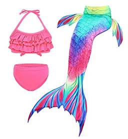 Cotrio Conjunto de Biquíni Menina Sereia 3 Peças Fato de banho com babados de cauda de sereia para cosplay de natação 5-6 anos rosa