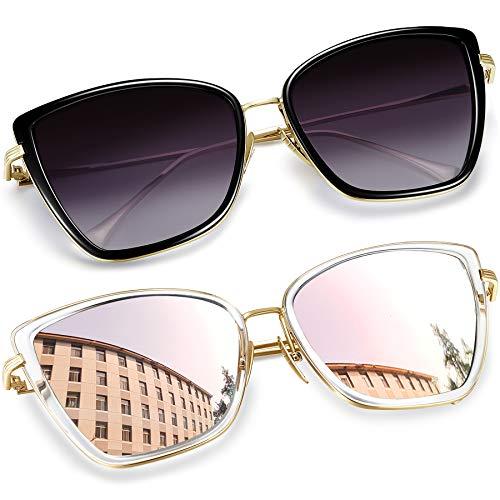 Óculos de Sol Feminino Olho de Gato Joopin Vintage Armação de Metal Óculos Lente Espelhada Proteção UV 400 (Lente Cinza Preta+Lente Rosa)