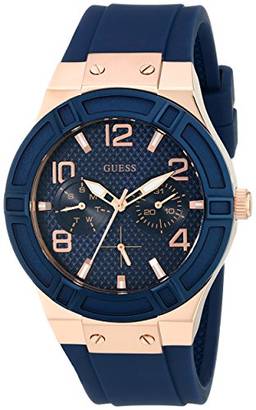 GUESS Relógio de silicone de 39 mm, Tom de ouro rosa/azul