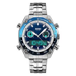 SKMEI Relógio de pulso masculino analógico militar impermeável com cronógrafo multitempo de LED, relógios de aço inoxidável para homens, Casual, 3-Blue, Large