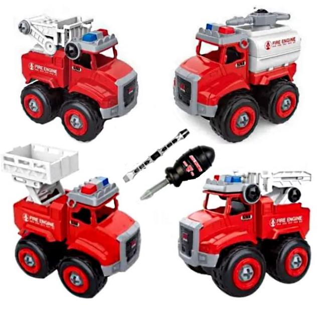 Kit de Carrinhos Tratores e Caminhões de Brinquedo Infantil Presente Meninos (Bombeiros de Montar Kit com 4)