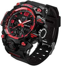 Relógio esportivo analógico masculino, relógio digital militar LED, cronômetro eletrônico, mostrador duplo grande, relógio de pulso externo, militar, tático (vermelho)