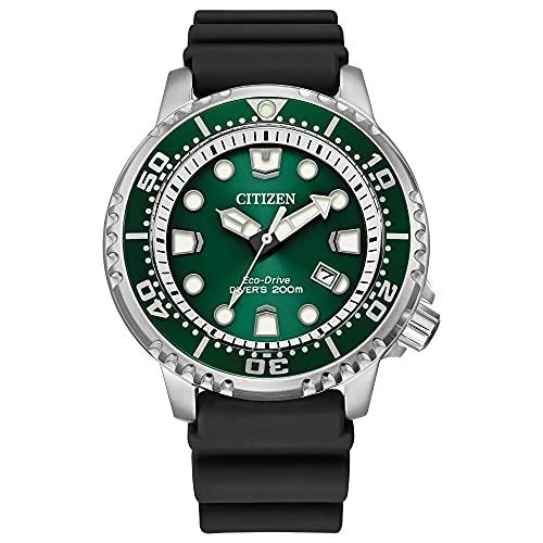 Citizen Relógio de mergulho masculino Promaster com tecnologia Eco-Drive em mostrador verde de aço inoxidável, pulseira de borracha preta, BN0158-00X