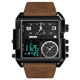 Relógio masculino Esportivo Digital SKMEI, Relógio de pulso de quartzo analógico quadrado de LED grande com cronômetro à prova d'água com fuso multihorário, Black Coffee