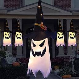 Decorações de Halloween Luzes Ao Ar Livre, Decoração Externa Pendurado Lâmpada Brilhante Chapéu de Bruxa Fantasma, Decorações de Halloween Luzes de Festa de Halloween (5 PCS)