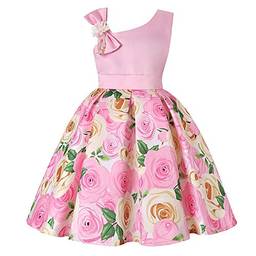 Houfung Vestido infantil de 3 a 9 anos com listras de flores para meninas, roupas infantis, vestido de princesa para festa de casamento, Rosa 9, 2T