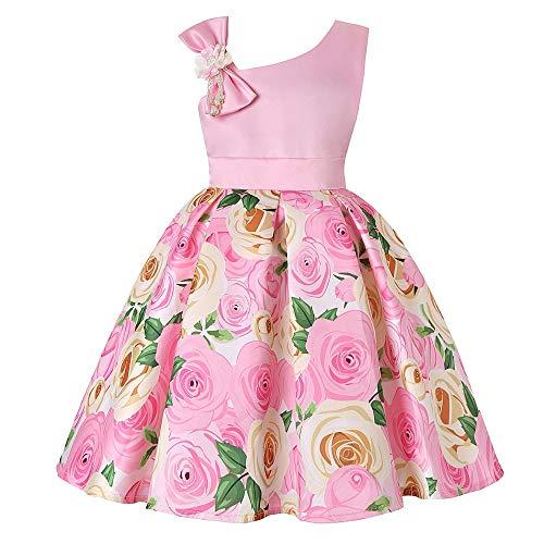 Houfung Vestido infantil de 3 a 9 anos com listras de flores para meninas, roupas infantis, vestido de princesa para festa de casamento, Rosa 9, 6