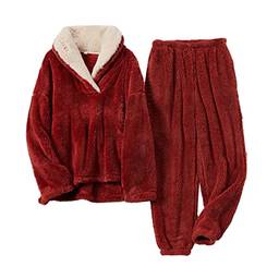 Elonglin Conjunto de Pijamas Feminino Quente Top com Capuz Calças Compridas com Bolsos para Casa Pijamas de Flanela Lã de Coral para Mulheres Cinza XGG