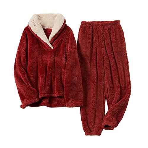 Elonglin Conjunto de Pijamas Feminino Quente Top com Capuz Calças Compridas com Bolsos para Casa Pijamas de Flanela Lã de Coral para Mulheres Vermelho XGG