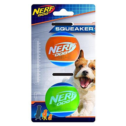 Nerf Dog Bola de tênis de borracha para cães com raspador interativo, leve, durável e resistente à água, 5 cm, para raças pequenas/médias, pacote com duas cores, cores mistas