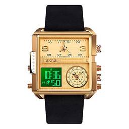 Relógio masculino Esportivo Digital SKMEI, Relógio de pulso de quartzo analógico quadrado de LED grande com cronômetro à prova d'água com fuso multihorário, Negócio, Gold Black-light, 1.78*1.61*0.55 inch