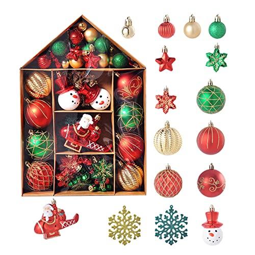 Conjunto de ornamentos de árvore de Natal com 70 peças, conjunto de enfeites de bola de Natal à prova de estilhaçamento sortidos com caixa de presente em forma de casa, conjunto de enfeites pendurados para decorações de árvore de Natal de férias (vermelho verde ouro)