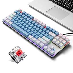 Mibee K87 87 teclas teclado mecânico com fio painel de metal injeção de duas cores keycap 20 efeitos de luz branco e azul (interruptores vermelhos)