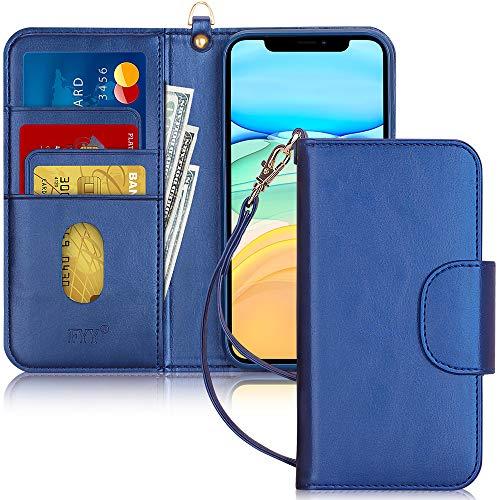 Capa de Celular FYY, Couro PU, Suporte, Compartimentos para Cartão, Bolso para Notas, Compatível com Iphone 11 - Azul