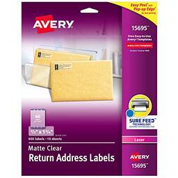 Avery Etiquetas de endereço de devolução transparentes e fáceis de descascar para impressoras a laser 2/3" x 1-3/4", pacote com 600 (15695)
