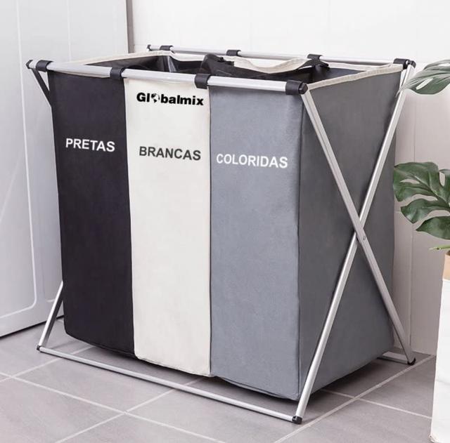 Cesto de roupa suja de 3 grades Oxford - 68cm × 38cm x 60cm, saco de armazenamento de pano, cesto de roupa destacável para cesto de roupas para crianças, banheiro (preto + branco + cinza) Globalmix