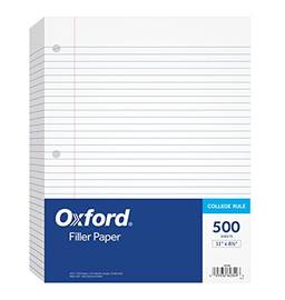 Oxford Papel de enchimento, 21 x 28 cm, pauta universitária, 3 furos perfurados, folhas soltas para fichários de 3 anéis, 500 folhas por pacote (62349), branco