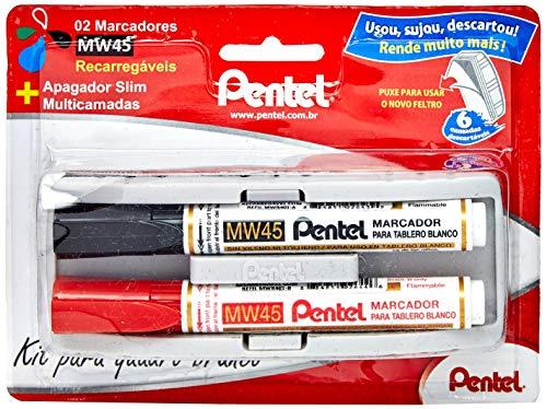 Marcadores para Quadro Branco MW45 + Apagador Slim, Pentel, Preto/Vermelho