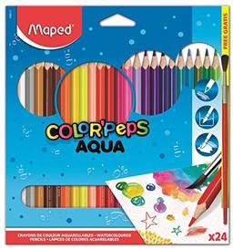 Lápis de Cor Aquarelável + Pincel de Madeira, Maped, Color Peps, 836013, 24 Cores