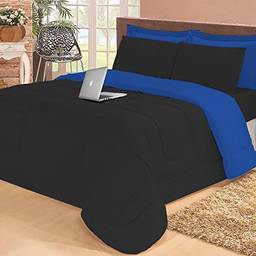 Jogo de cama Casal com edredom lençol fronha função cobre leito e cobertor (Azul e Preto)