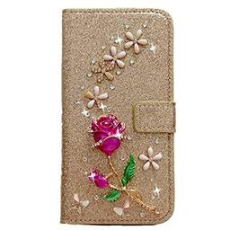 Capa carteira XYX para Samsung Galaxy A21S SM-A217, [flor rosa 3D] capa carteira de couro PU brilhante com glitter para mulheres e meninas, dourada