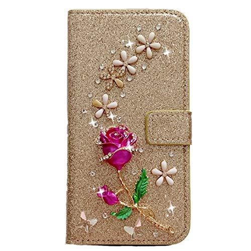 Capa carteira XYX para Samsung Galaxy J6 Plus, [flor rosa 3D] couro PU brilhante glitter capa carteira para mulheres e meninas, dourada