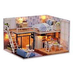 Duotar Kit Diy Dollhouse,DIY Kit de Casa de Bonecas Em Miniatura Loft Lifelike Mini 3D Casa De Madeira Sala de Brinquedo Artesanal com Mobiliário Luzes LED