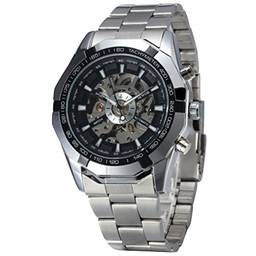 Relógio de Homem Relógio de pulso masculino automático mecânico com pulseira de aço inoxidável (preto + prata)