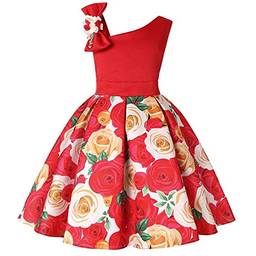 Houfung Vestido infantil de 3 a 9 anos com listras de flores para meninas, roupas infantis, vestido de princesa para festa de casamento, Vermelho (Red7), 9