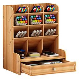 Prateleira de armazenamento, KKcare Organizador de mesa de madeira, caixa de armazenamento de porta-canetas multifuncional Organizador de armazenamento fixo de mesa com gaveta para escola de escritório em casa