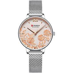 Tomshin 9065 Elegante requintado casual empresarial quartzo feminino relógio flor de Sakura em relevo simples relógio de pulso 3ATM impermeável para mulheres com pulseira de malha de metal