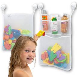 2 x organizador de brinquedos de banho de malha + 6 ganchos ultra fortes - o suporte de brinquedos de banheira perfeito & Caddy de banheiro ou chuveiro - esses sacos de rede multiuso facilitam o a