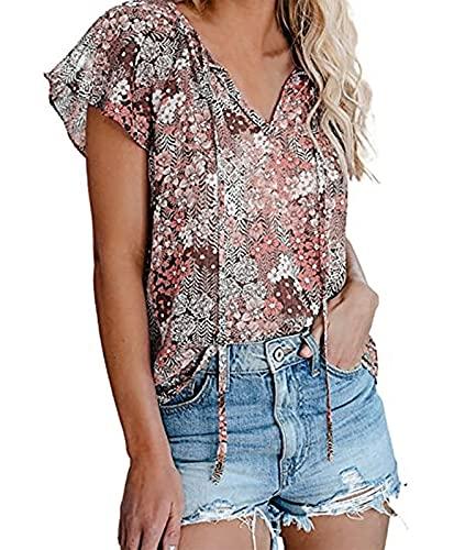 Cotrio Blusas Boho de verão floral feminino com decote em V manga curta casual solta camiseta superior tamanho XXL cáqui