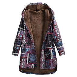 Casaco estampado de inverno, yuwao casaco feminino vintage com capuz solto forro de lã estampado floral abotoado plus size parka quente de inverno casual casaco longo outwear